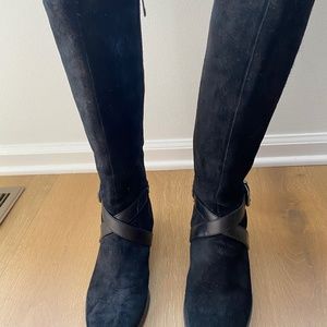 Black faux suede high boots with leather strap